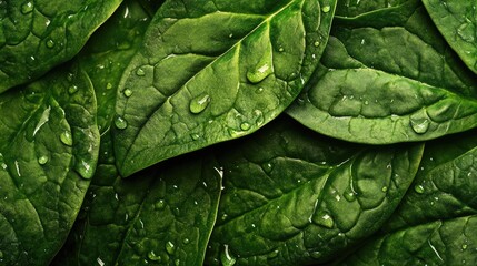 Close-up of organic spinach leaves, vibrant green, dewdrops, soft natural light