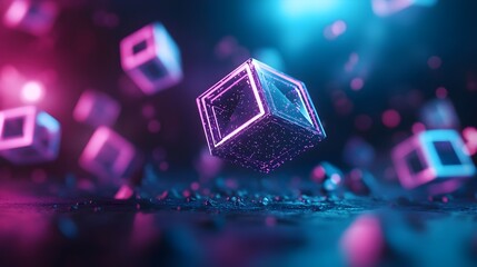 Glowing Geometric Shapes Floating in Captivating Kaleidoscopic Void of Infinite Darkness