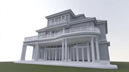 Fototapeta premium Coastal mansion, gray shingle siding, wrap-around balcony, ocean view, overcast weather