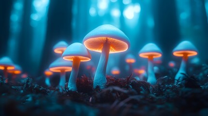 Fototapeta premium Glowing Ghostly Mushrooms Illuminating Mystical Misty Forest Fantasy Landscape Cinematic Ethereal Wonderland