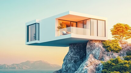 Contemporary hillside home, cantilevered design, floor-to-ceiling windows, mountain view