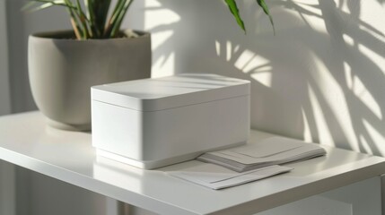 A sleek, modern receipt box with a few receipts spilling out onto a clean, white desk