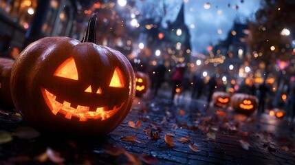 Spooky Halloween Festival with Costumed Revelers Vibrant Autumn Decor and Cinematic Nighttime City Scenery