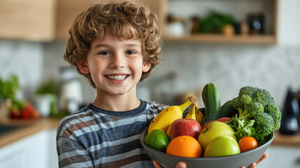 Fototapeta premium little cute smiling boy holding bowl with fruits and vegetables in kitchen, child, kid, kids, healthy eating, bananas, apples, broccoli, food, vegetarianism, portrait, person, face, dish