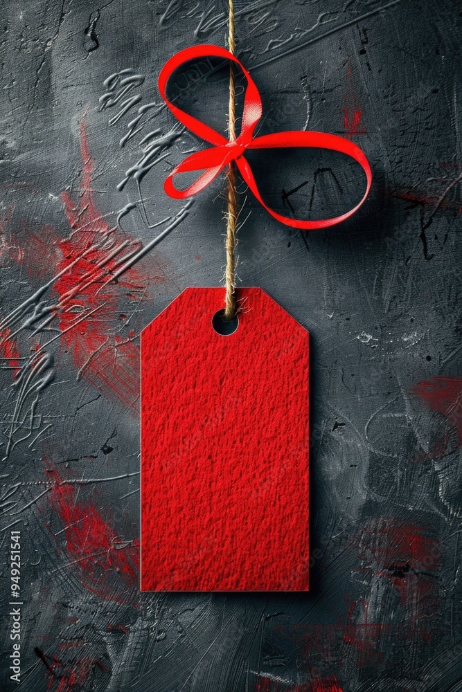 Poster a red tag tied to a string with a red bow, perfect for gifts or decorations
