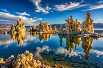 Lake Mono, California, USA (A saline lake with unique tufa formations) in the afternoon where the tufa towers have come to life, their twisted shapes dancing across the lake's surface.