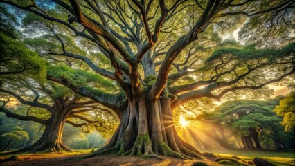 Ancient trees stand watch, their massive trunks defying time and gravity, sentinels of a realm both mystical and timeless.