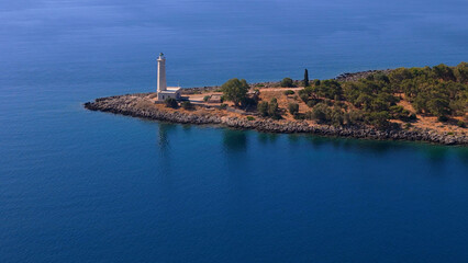 greece peloponnese region gytheio town lighthouse coastal houses chapel and boats aerial view