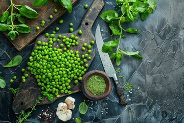 Freshly harvested green peas, herbs, and ingredients beautifully arranged on a rustic kitchen table