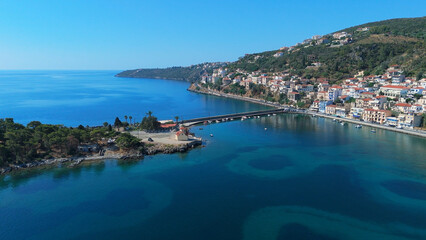 Fototapeta premium greece peloponnese region gytheio town lighthouse coastal houses chapel and boats aerial view