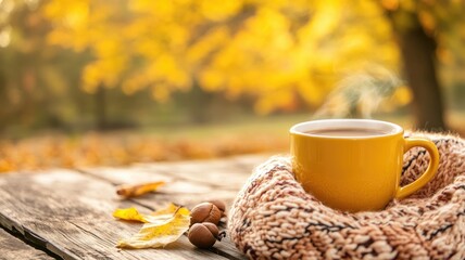 Warm yellow mug on wooden table with autumn leaves, nuts, and cozy knitted scarf in fall landscape