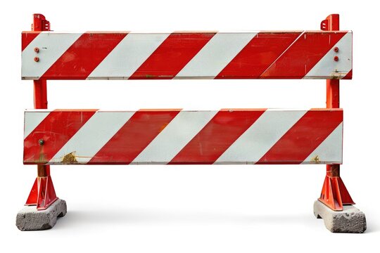 A close-up view of a red and white barricade with details visible