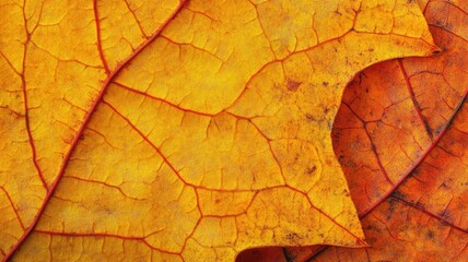 Obraz premium Close-up of autumn leaves with vibrant yellow and orange colors showing detailed vein patterns