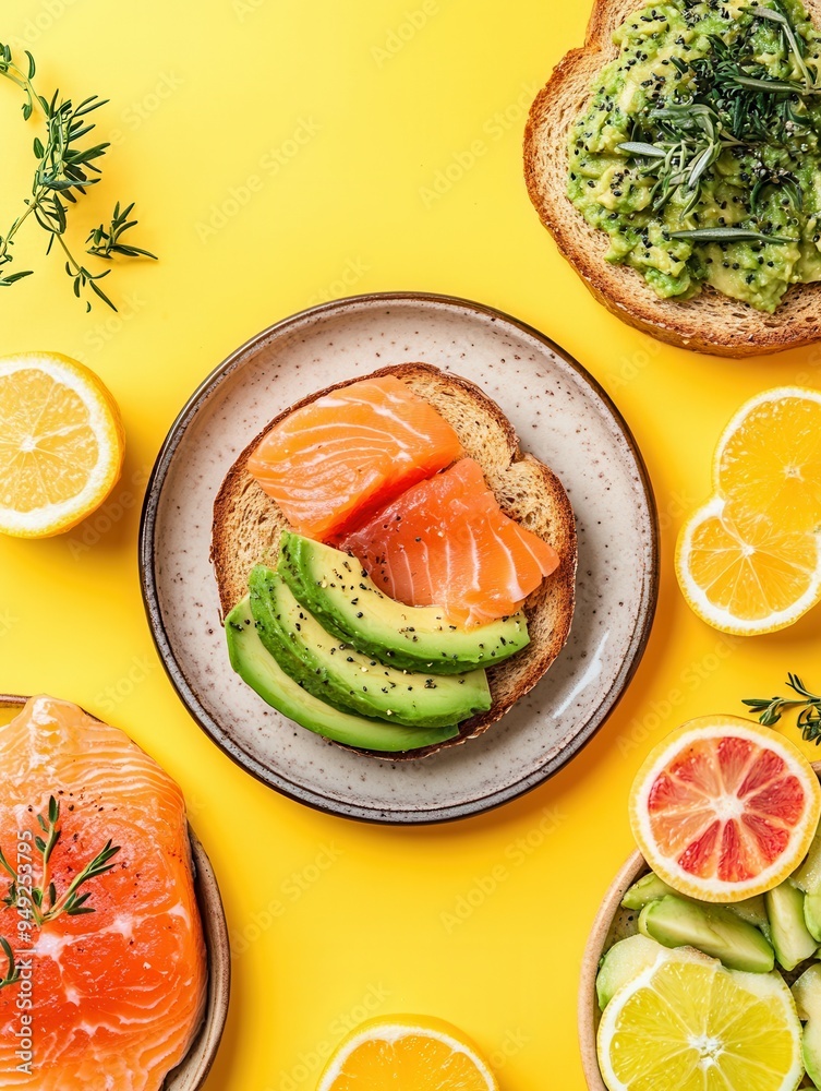 Poster a delightful breakfast spread featuring avocado on toast, fresh salmon slices, and vibrant citrus fr