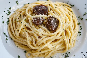 A close-up shot of a plate of spaghetti with cheese and mushrooms. The spaghetti is cooked al dente and the cheese is melted and creamy.