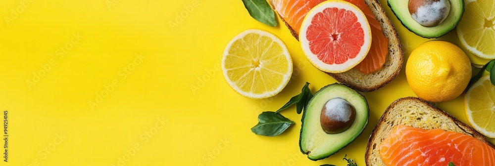 Aufkleber Start the day with a nutritious breakfast including avocado toast topped with salmon and fresh citrus on a cheerful yellow surface. Generative AI