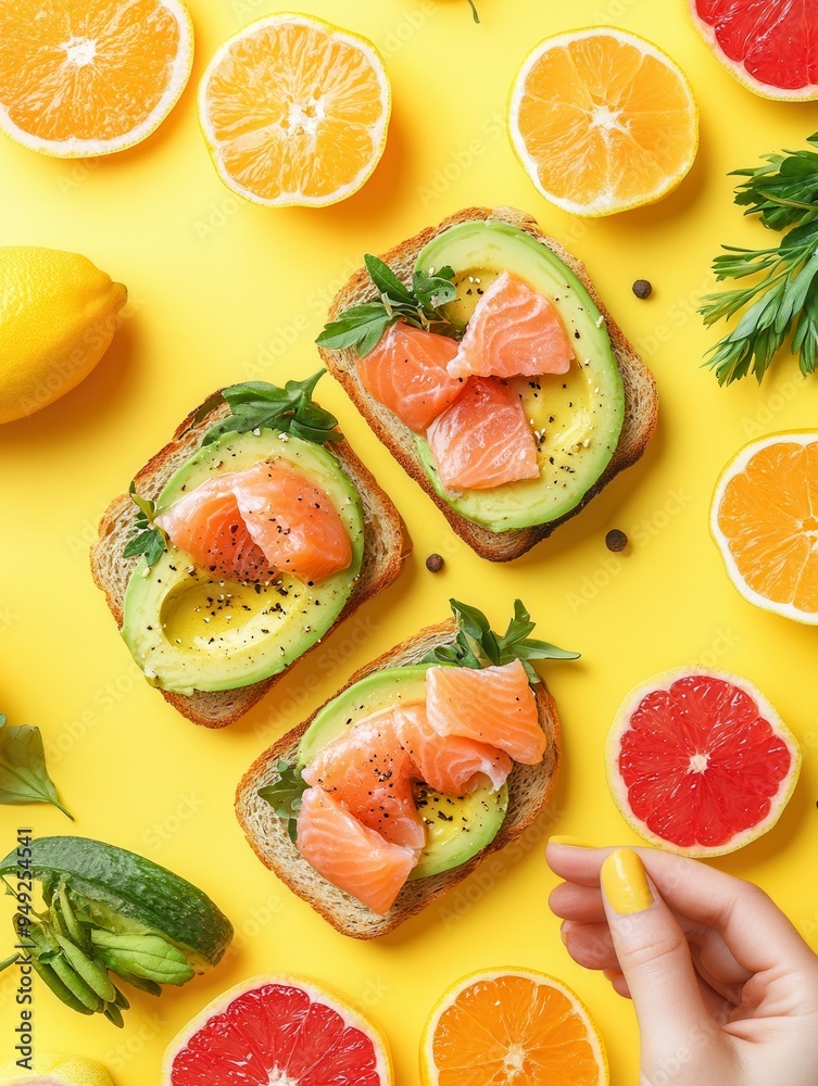 Poster Enjoy a nutritious breakfast featuring avocado toast topped with salmon and fresh citrus slices against a bright yellow backdrop. Generative AI