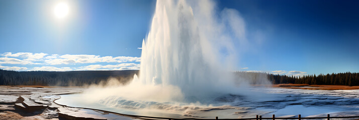 Epic display of geo-thermal power: A fierce Geyser eruption against the impartial blue sky