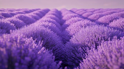 Obraz premium Field of lavender in bloom, rows of purple flowers, bee buzzing around, clear sky