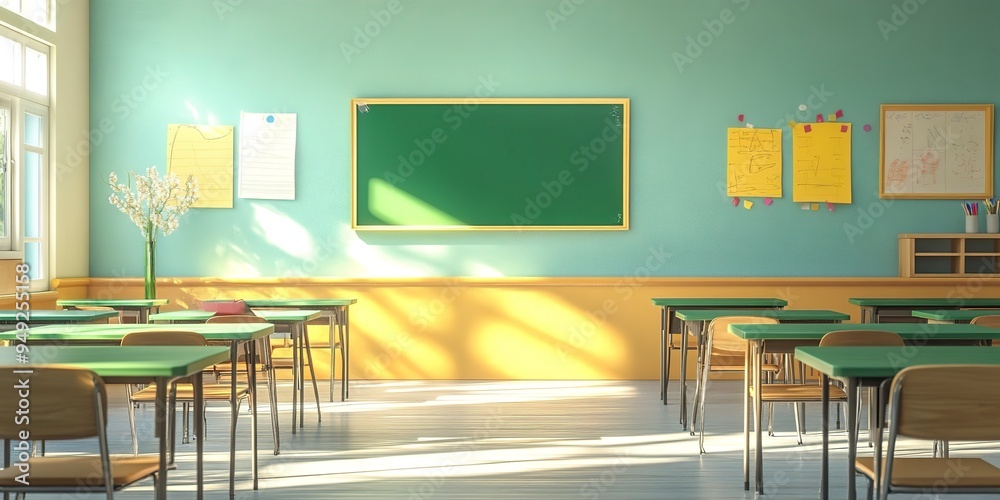 Sticker Photo classroom interior with school desks chairs and green board empty school classroom 