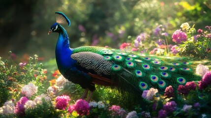 Obraz premium The image of a peacock in a flower garden with beautiful and amazing colors