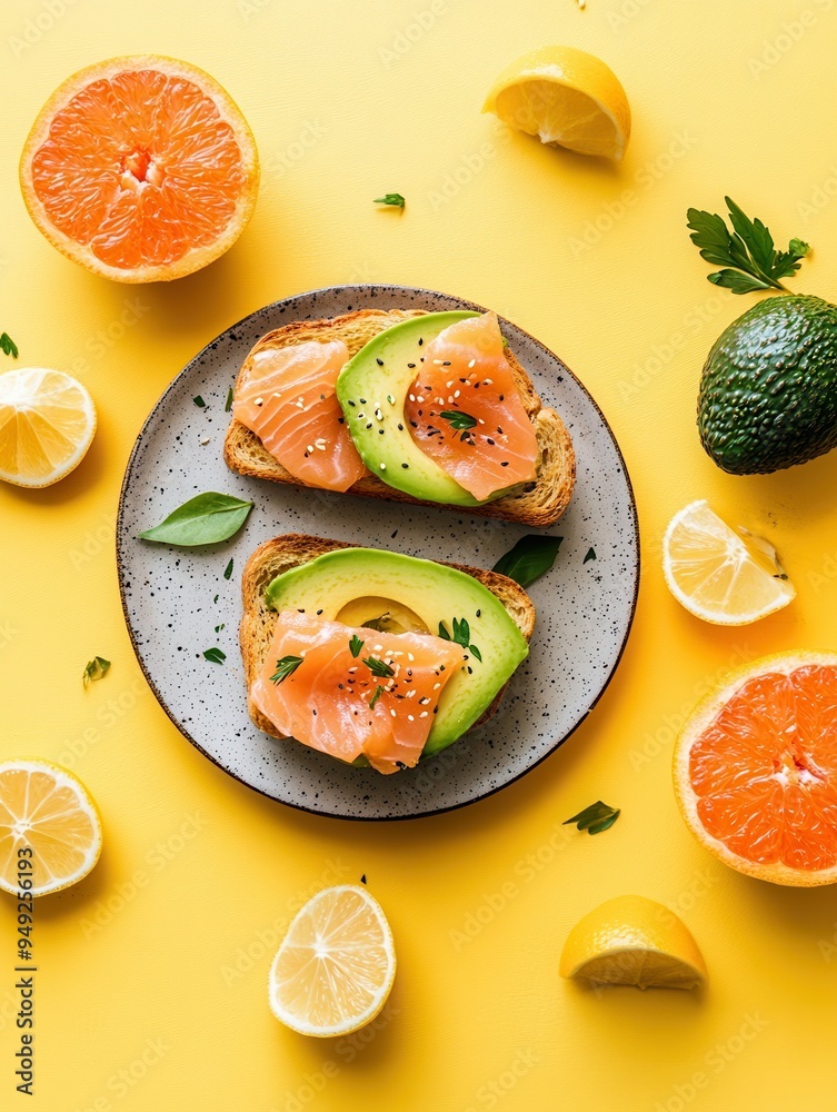 Aufkleber Enjoy a nutritious breakfast spread showcasing avocado toast topped with salmon, complemented by fresh citrus fruits on a bright background. Generative AI