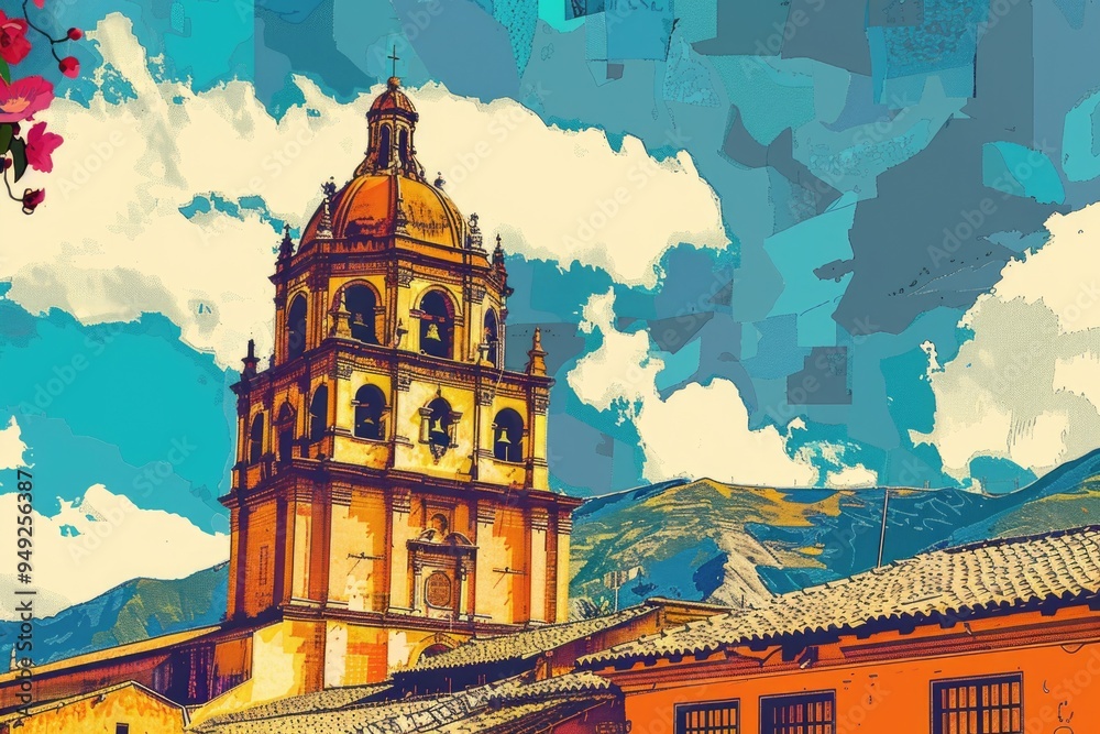 Poster A painting of a clock tower on a building with a traditional architecture style