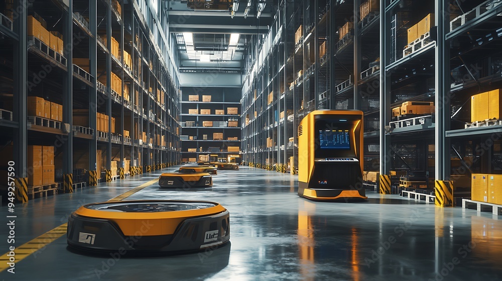 Aufkleber Automated Warehouse with Robotic Inventory Systems and AI-Driven Stock Optimization for Uninterrupted Supply Chain Operations