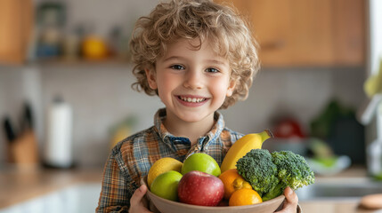 Fototapeta premium little cute smiling boy holding bowl with fruits and vegetables in kitchen, child, kid, kids, healthy eating, bananas, apples, broccoli, food, vegetarianism, portrait, person, face, dish