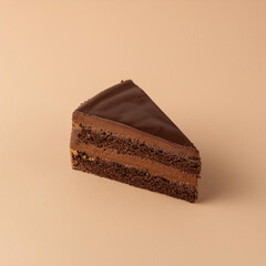 Chocolate cake slice, featuring a smooth chocolate frosting and a layered base. The cake is a dark chocolate brown, and its sweet indulgence is visually evident.