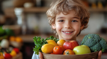 Fototapeta premium little cute smiling boy holding bowl with fruits and vegetables in kitchen, child, kid, kids, healthy eating, bananas, apples, broccoli, food, vegetarianism, portrait, person, face, dish