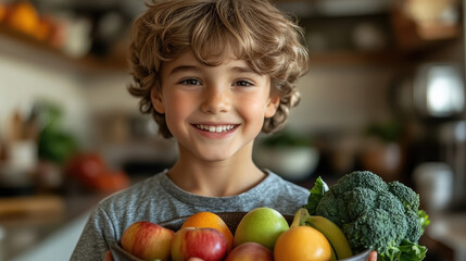 Fototapeta premium little cute smiling boy holding bowl with fruits and vegetables in kitchen, child, kid, kids, healthy eating, bananas, apples, broccoli, food, vegetarianism, portrait, person, face, dish