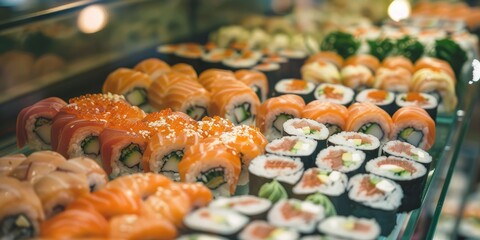 Variety of sushi rolls exhibited