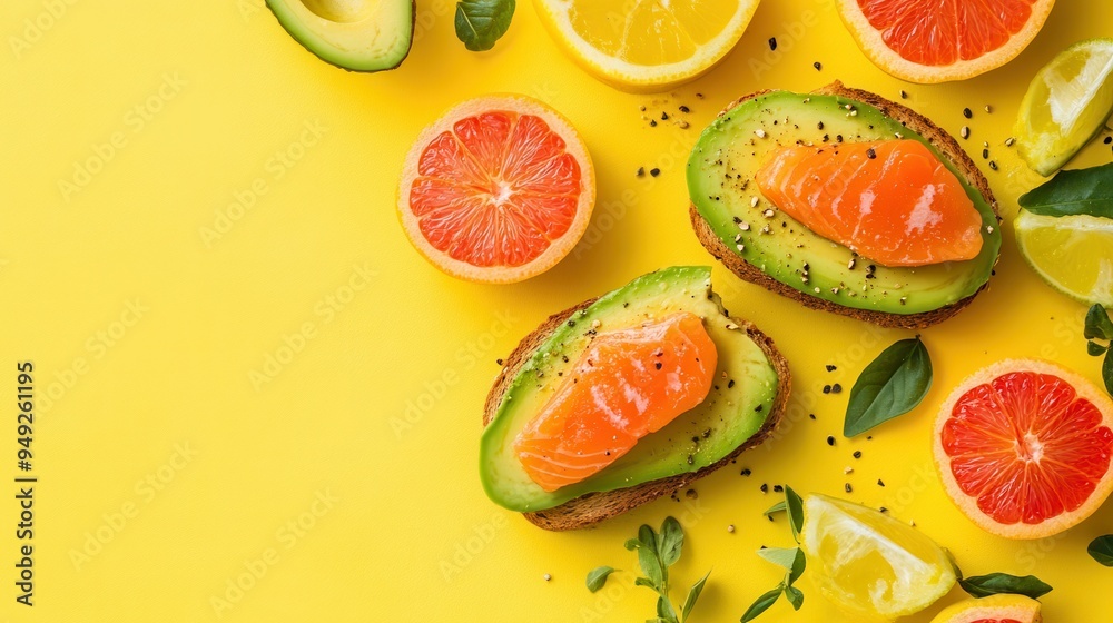 Poster start the day with a healthy breakfast featuring avocado toast topped with salmon, surrounded by fre