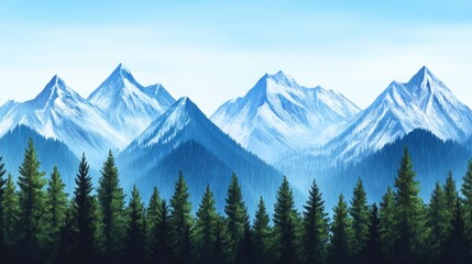Fototapeta premium Mountain landscape with evergreen trees, snow-capped peaks, clear blue sky