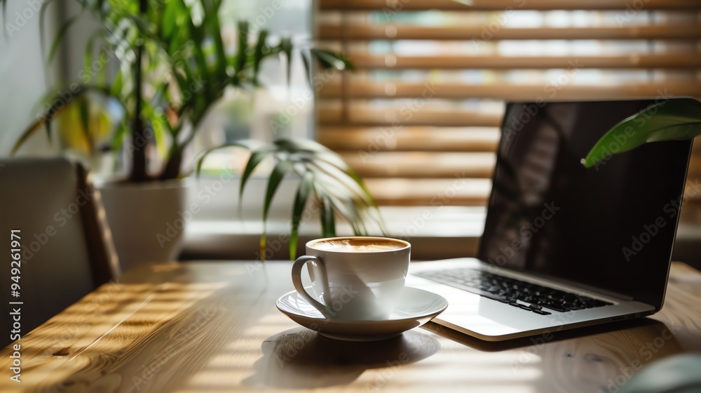 Wall mural a cup of coffee and a laptop on a wooden table.