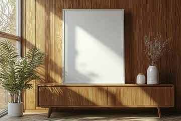 Poster Frame Mockup on Wooden Interior Background created with Generative AI