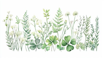 Obraz premium A beautiful watercolor illustration of various green plants and foliage, perfect for nature-themed designs and botanical decor.