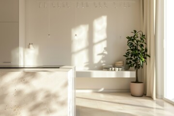 Fototapeta premium A cozy kitchen scene with a white interior and a green plant in the corner, ideal for use in lifestyle or food photography