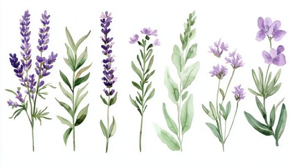 A collection of beautiful watercolor botanical illustrations featuring various purple flowers and herbs in delicate detail.