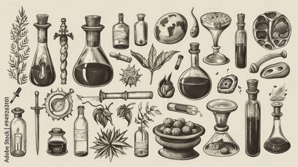 Poster assorted household utensils and containers used in food preparation