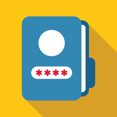 Blue personal diary with password keeping secrets safe, flat vector illustration with long shadow on yellow background