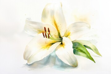 Obraz premium Beautiful watercolor painting of a white lily flower with delicate details and soft colors, perfect for floral decor.