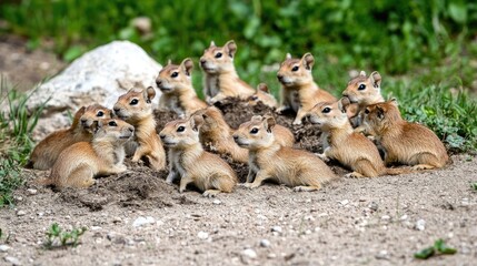 Prairie dog colony, burrows visible, prairie setting, bright afternoon light