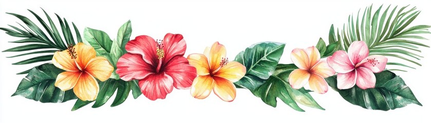 Obraz premium Colorful floral arrangement featuring hibiscus and tropical leaves, perfect for summer themes and nature-inspired designs.