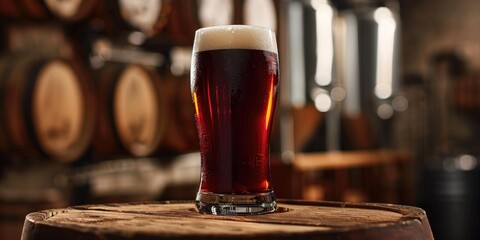 Craft Brewed Red Ale in a Tall Glass on a Wooden Surface at a Brewery