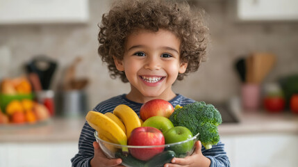 Fototapeta premium little cute smiling boy holding bowl with fruits and vegetables in kitchen, child, kid, kids, healthy eating, bananas, apples, broccoli, food, vegetarianism, portrait, person, face, dish