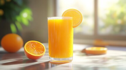 Naklejka premium A refreshing glass of orange juice garnished with a slice of orange, set against a sunny background, symbolizing fresh and healthy breakfast choice.
