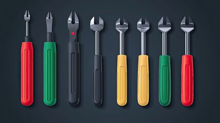 Screwdriver set, neatly organized, multi-colored handles, spotlight on tools