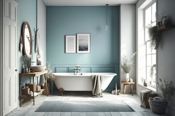 Modern Bathroom with Blue Accent Wall